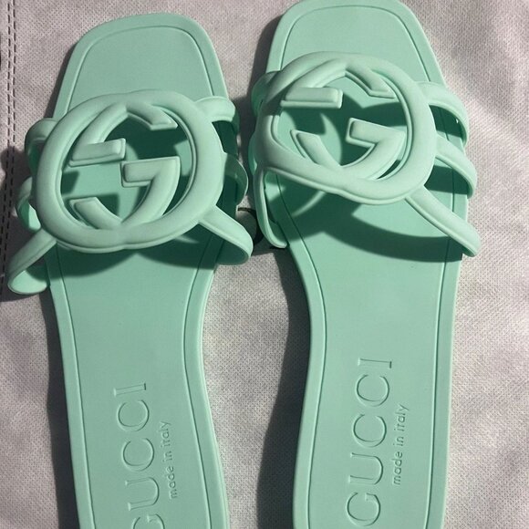 Gucci Womens Interlocking Sandals Slides Rubber Size 9 Pale Blue New - Picture 1 of 4